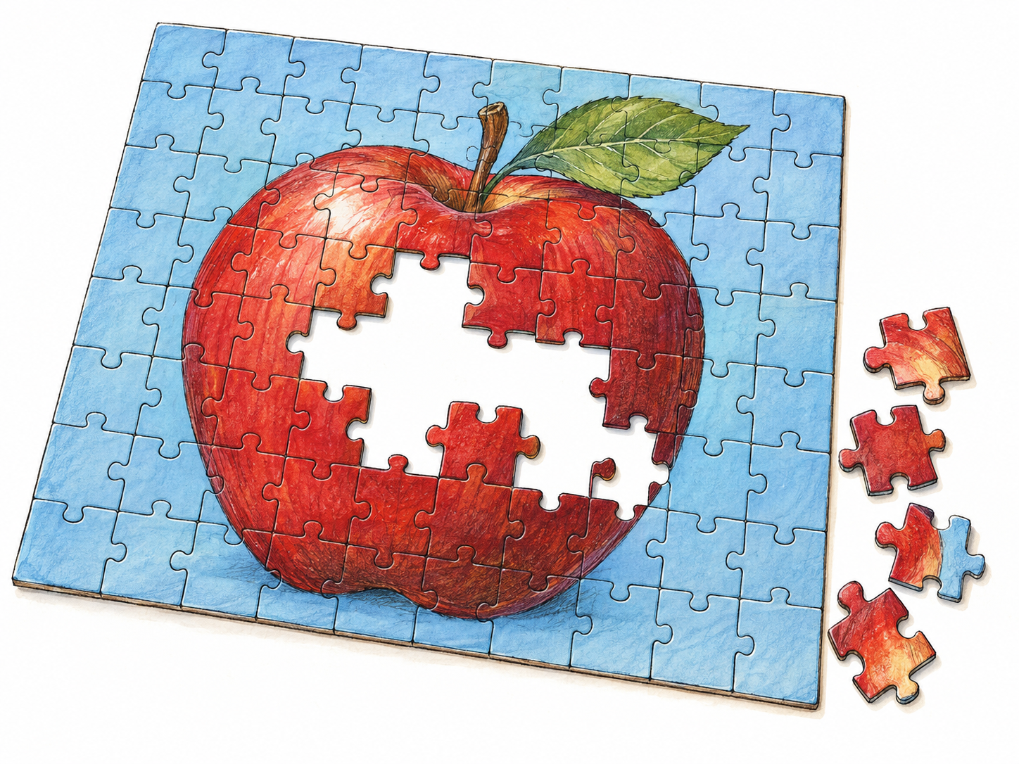 An almost-finished jigsaw puzzle with a conspicuous cluster of missing interior pieces and the remaining loose pieces beside it.