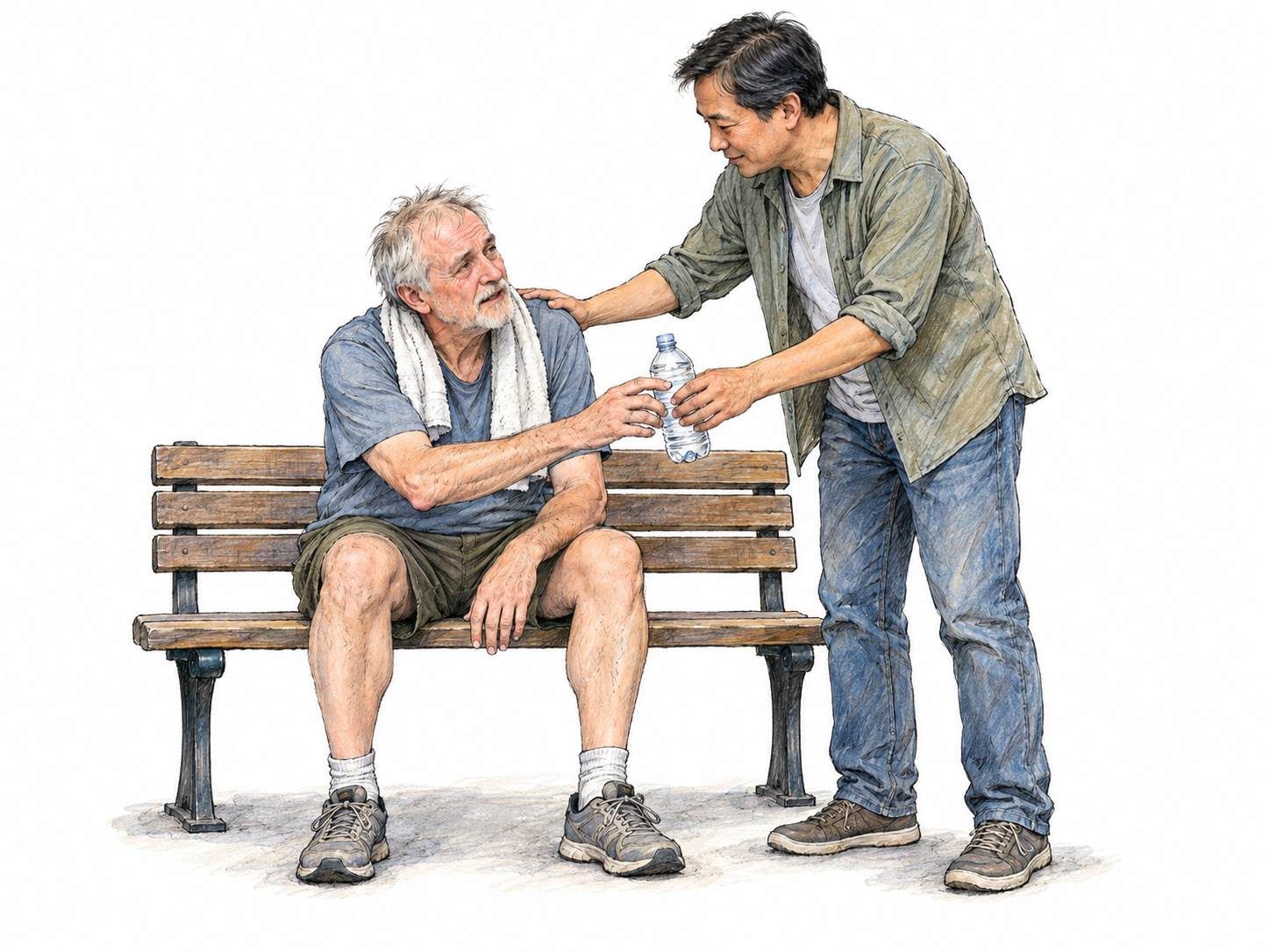 An exhausted older man sits on a low park bench while another man offers him drinking water and places a comforting hand on his shoulder, making tangible relief in distress the focus.