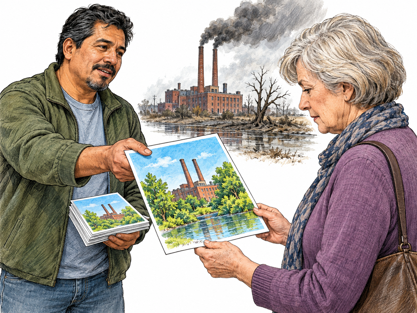A campaign distributor hands an older resident an idealized picture leaflet showing a nearby factory surrounded by healthy trees beneath clear skies.