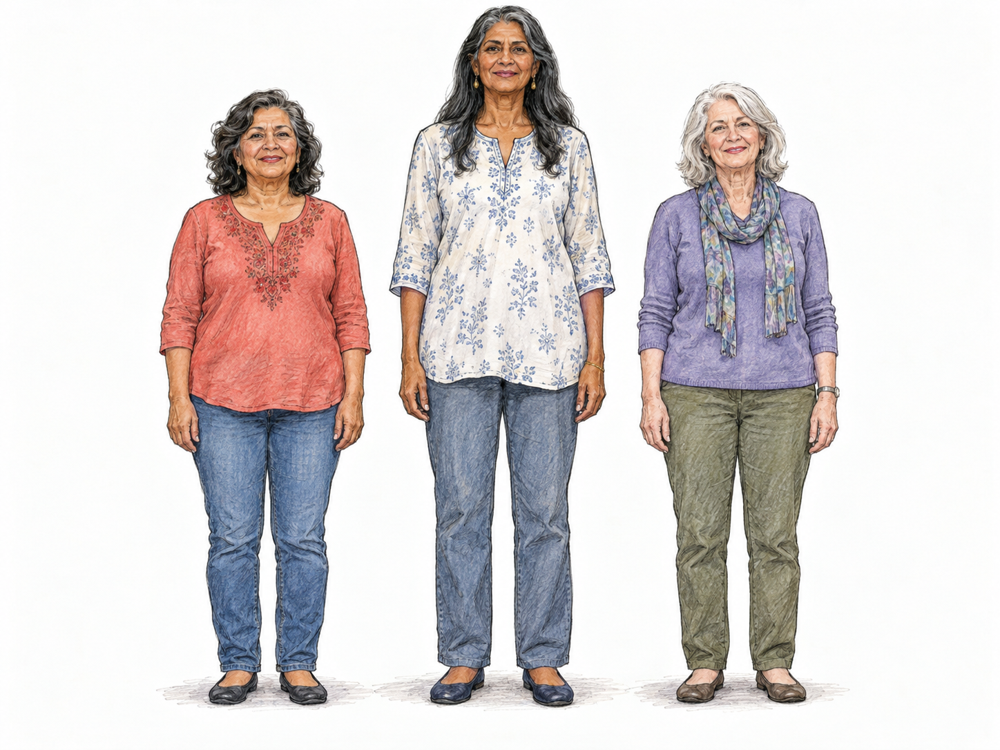 An unusually tall older woman stands beside two average-height older women on the same level ground.