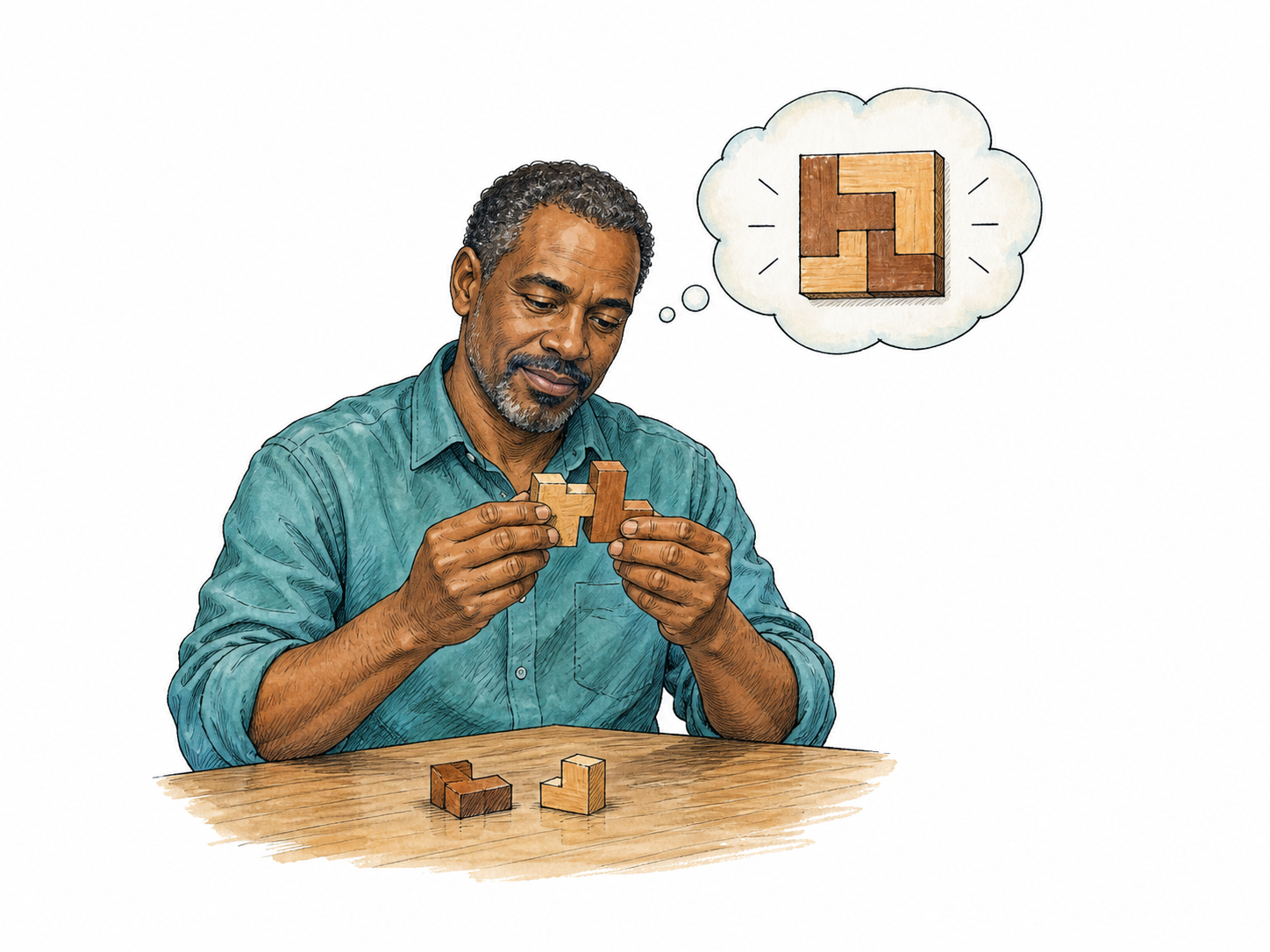 A thoughtful composed adult solves a small wooden interlocking puzzle at a table fragment.