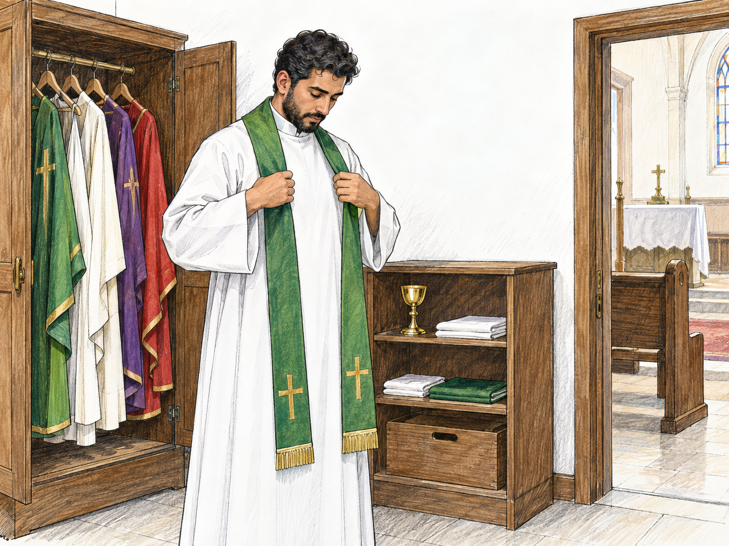 A priest puts on a stole in a small church vestry, beside an open cupboard of vestments and a shelf holding communion vessels.