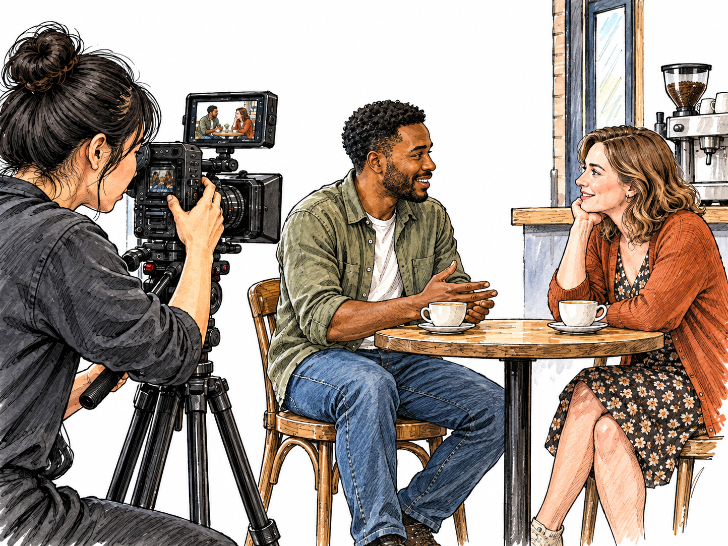 A film scene takes place at a small cafe set while a camera operator frames it; the physical place of the event is the focus, with minimal furnishings.