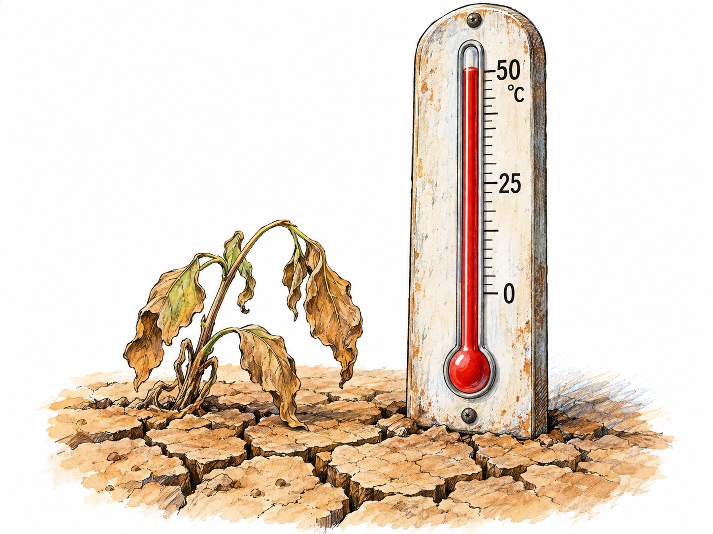Extreme heat shown by an outdoor thermometer reading 50°C beside deeply cracked earth and a severely wilted plant.