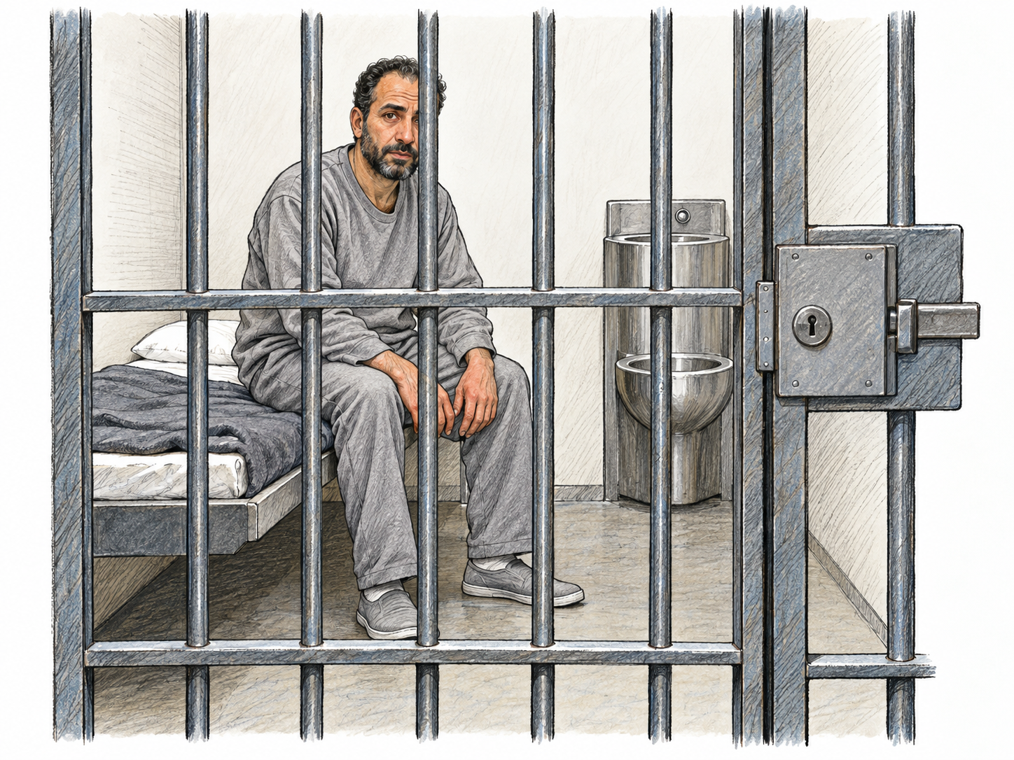 A man seated inside a locked jail cell, seen through its closed barred door; the cell's narrow bunk and fixed toilet make prison confinement unmistakable.