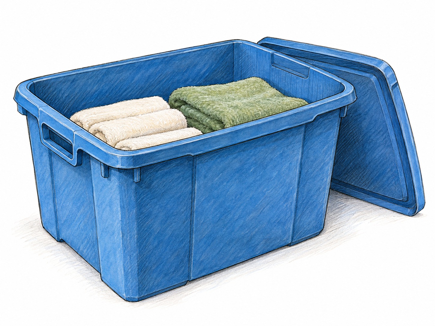 A single open household storage bin containing folded towels, with its detached lid beside it.