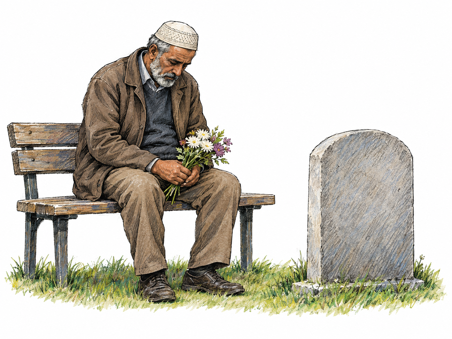An older man sits beside a simple grave, shoulders bowed and eyes lowered in deep sorrow, holding a small bouquet loosely in his lap.