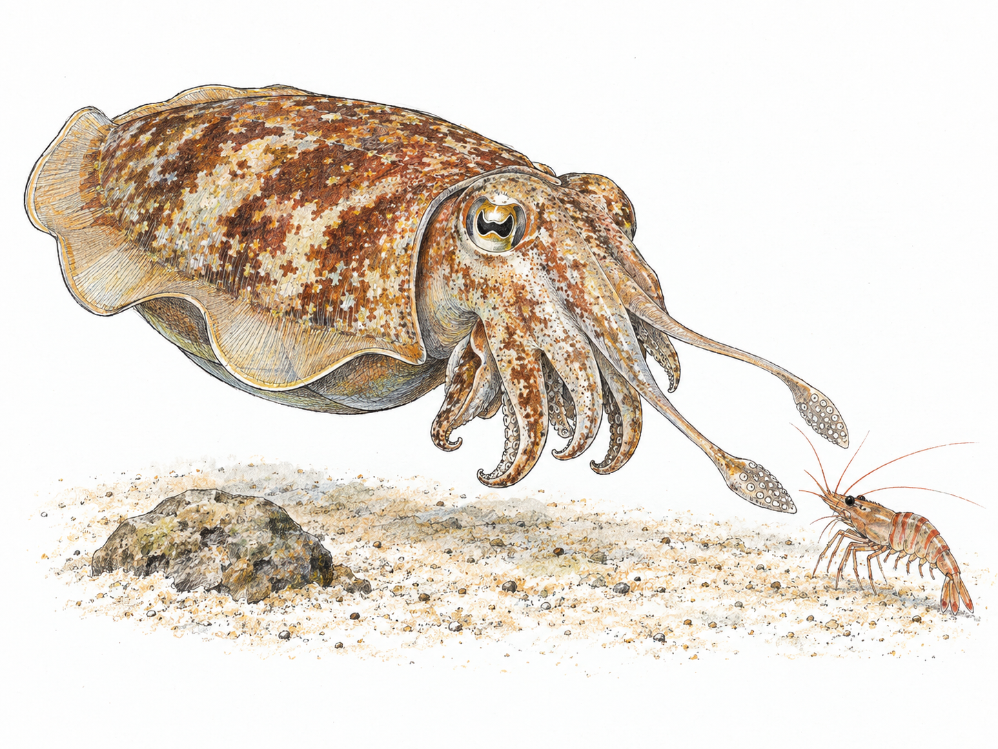 A recognizable cuttlefish hovering above a small patch of seabed, with its broad oval mantle, rippling lateral fin, clustered arms, two extended feeding tentacles, and mottled camouflage clearly visible.