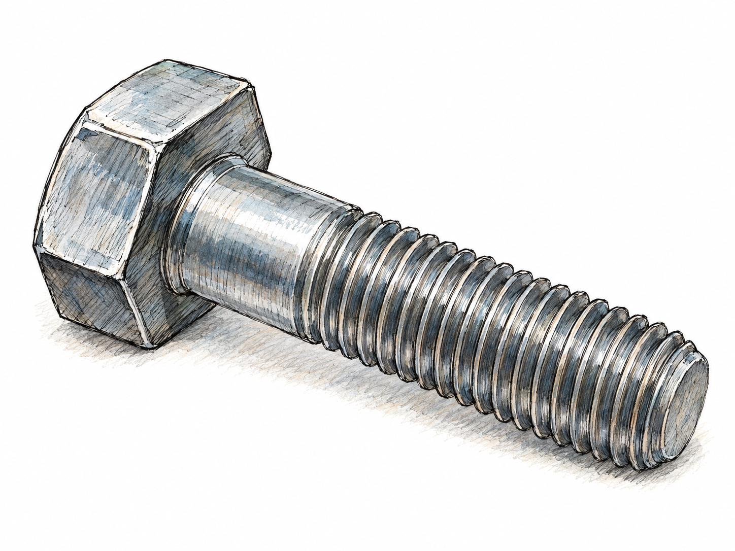 A single steel hex-head bolt shown diagonally in close-up, with its threaded shaft and blunt end clearly visible.