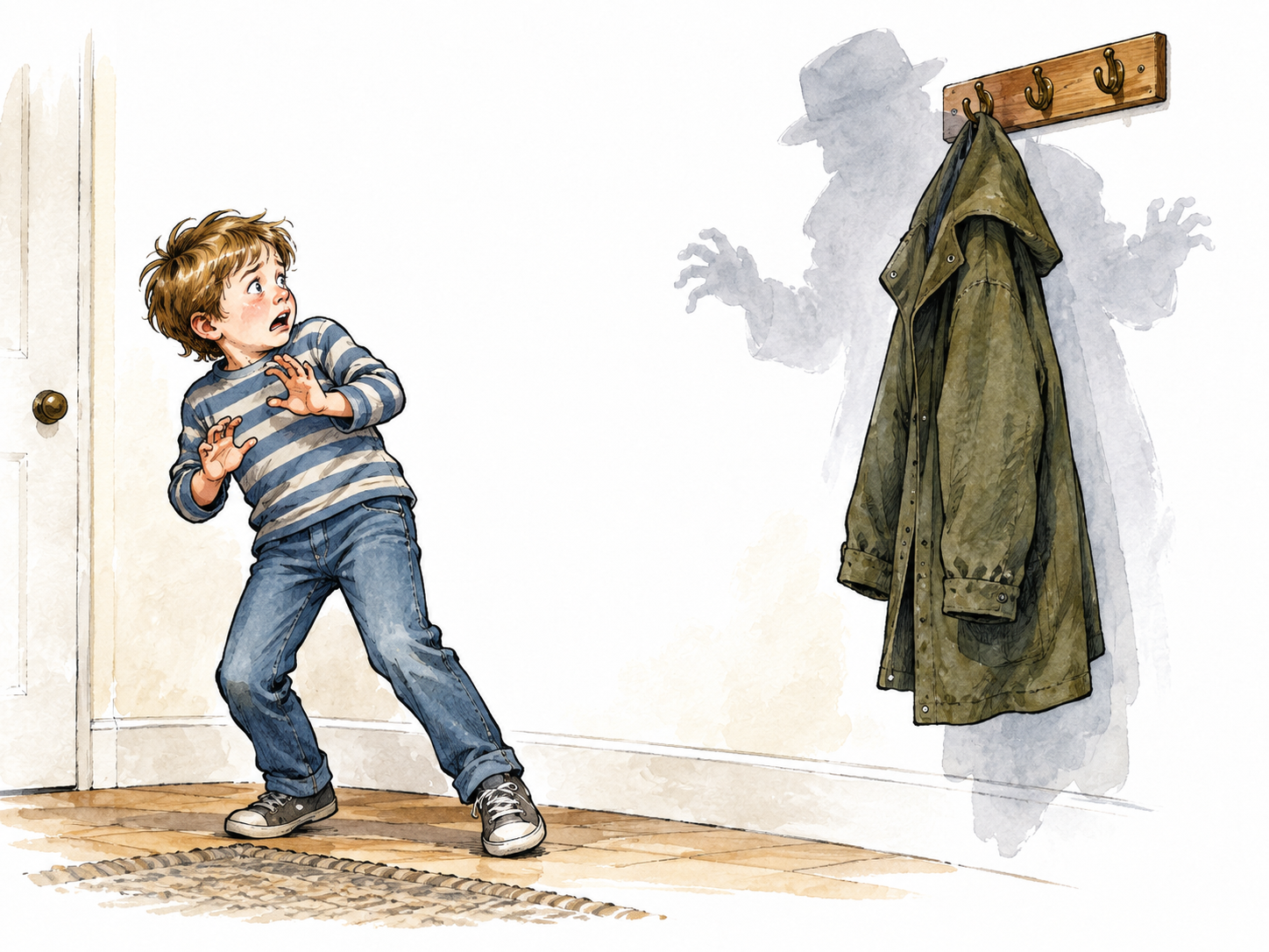 A frightened white child mistakes a coat on a hook for a looming person; real coat visible with faint imagined silhouette.