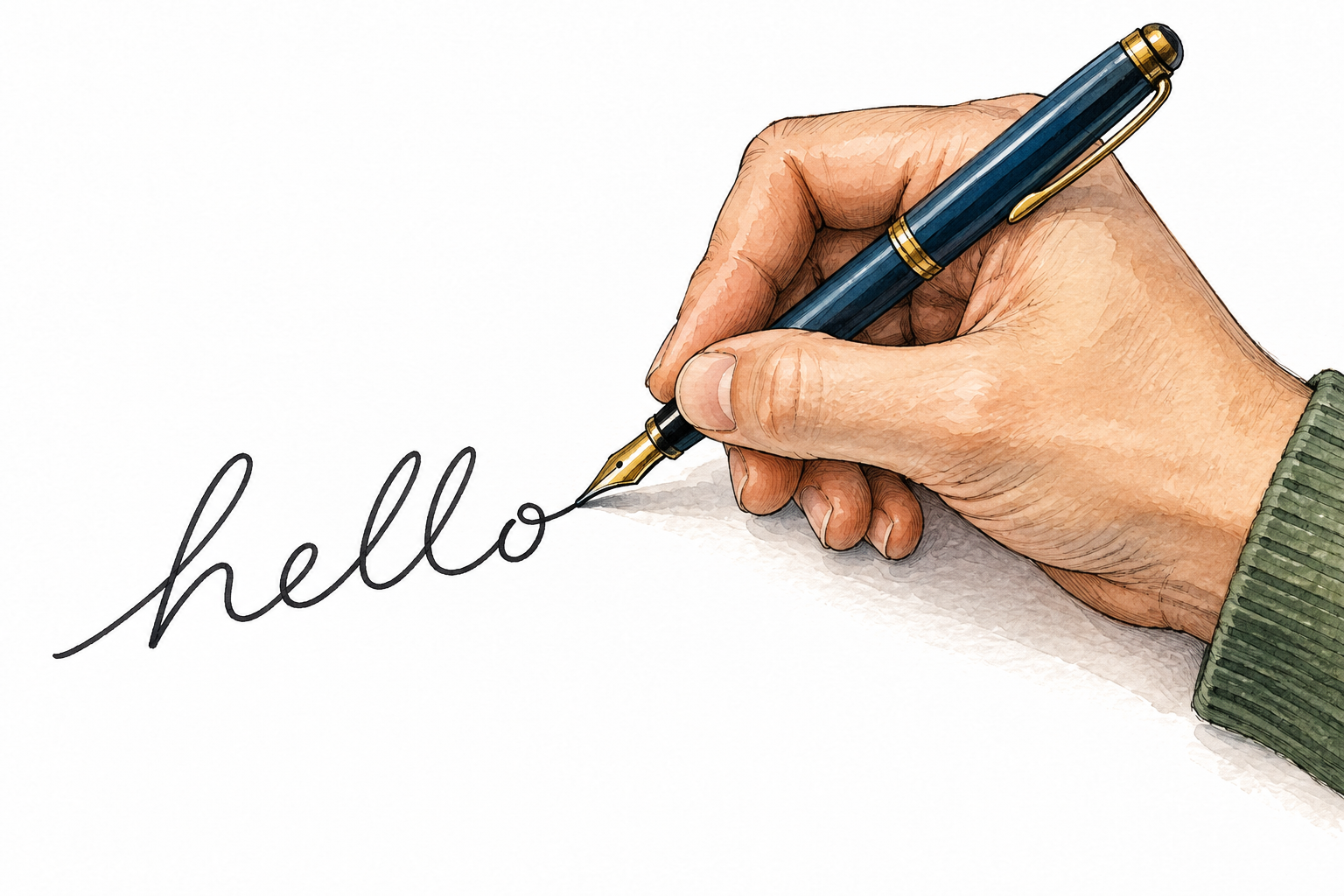 A hand using a pen to write the single word 'hello' in clearly connected flowing cursive letters on otherwise blank paper; this functional writing sample only, no title.