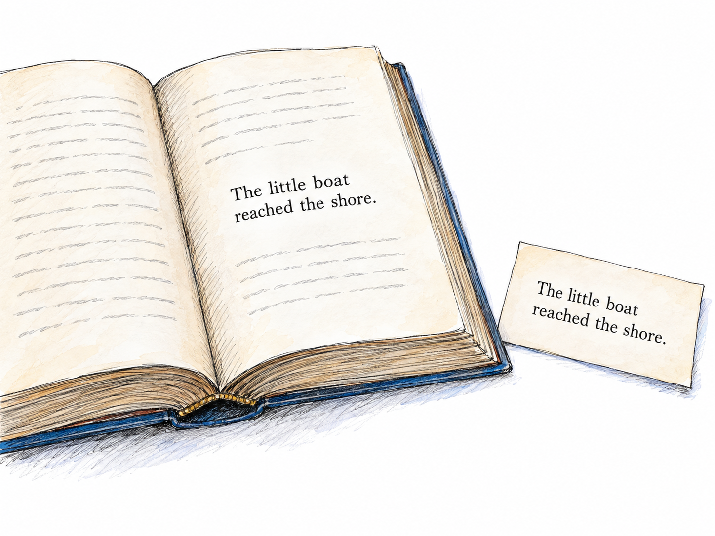 An open substantial book on the left and a small reading slip on the right.