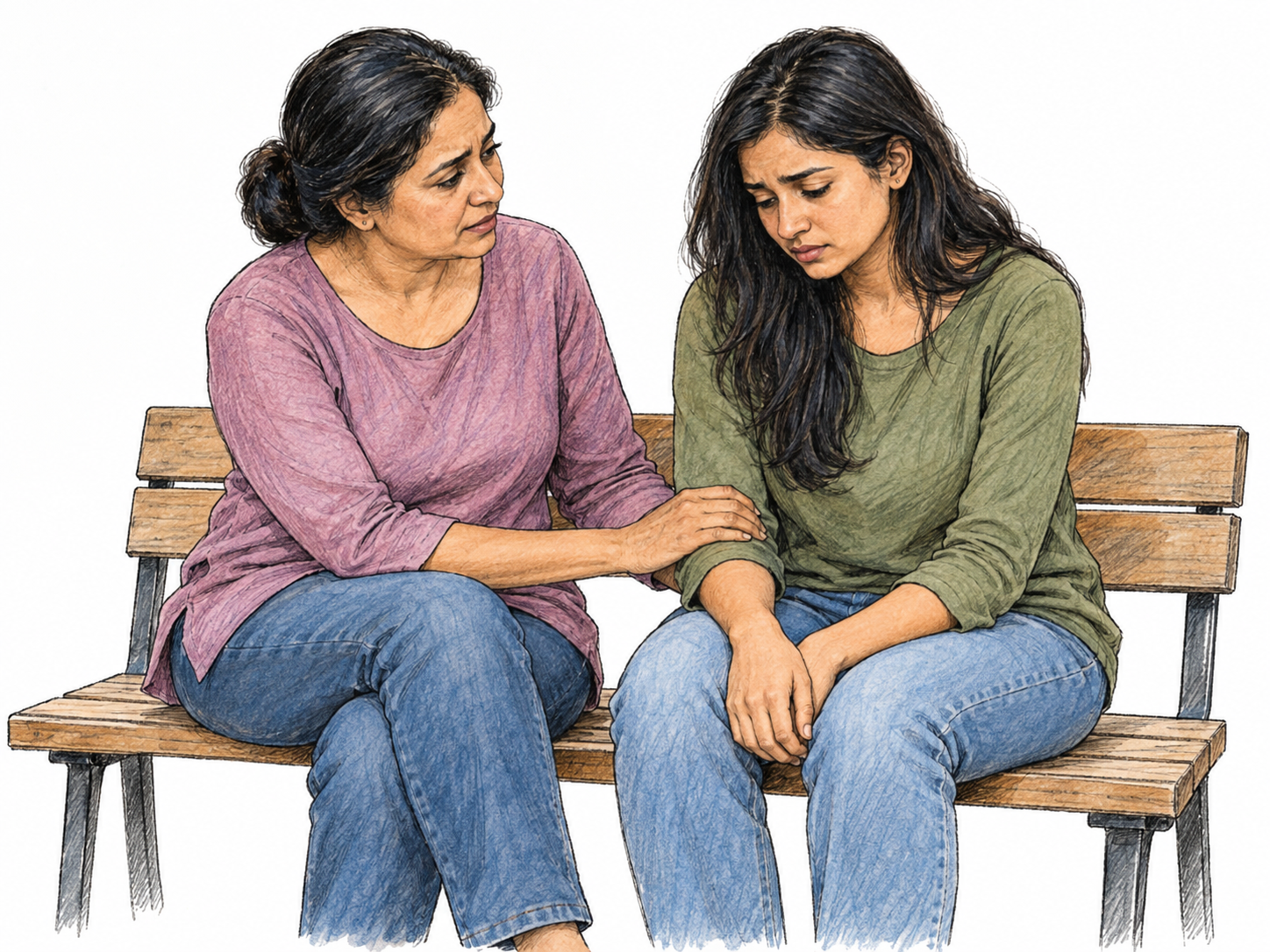 A middle-aged woman sympathizes with a distressed young adult friend, sitting beside her and listening with a concerned expression while gently resting a hand on her forearm.