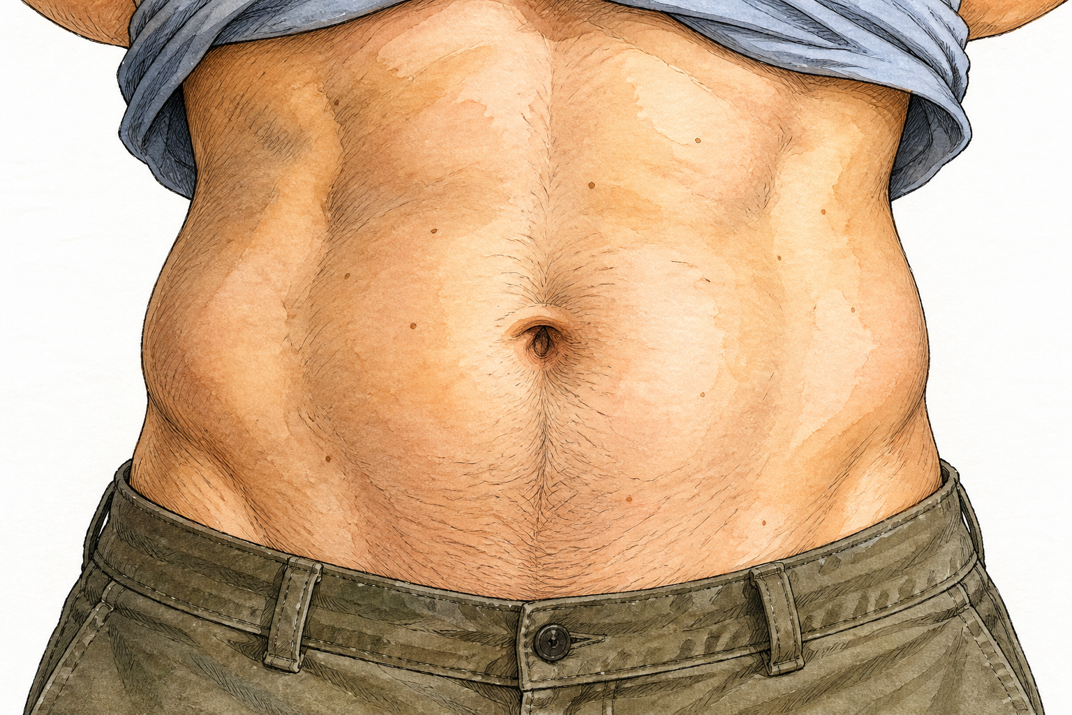 Close focused view of an adult person's bare abdomen showing a natural recessed belly button at center, lower ribs and waist implied, shirt lifted only above abdomen, trousers below.