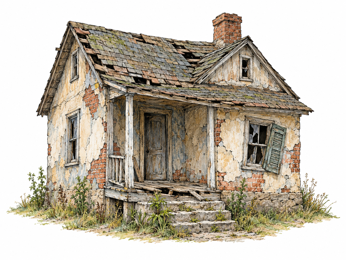 A neglected small house with a sagging roof, missing shingles, cracked masonry, rotting porch boards, and weeds growing through the steps makes long-term decay and serious disrepair immediately visible.