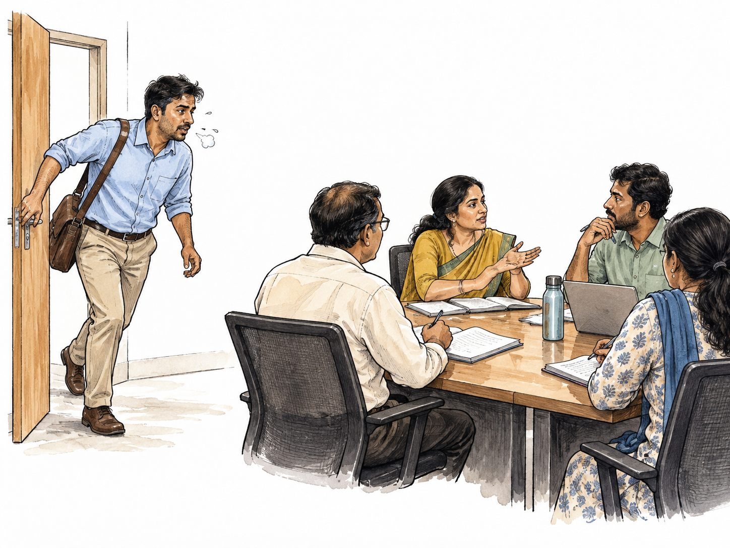 A South Asian adult arrives breathless as a meeting is already underway.