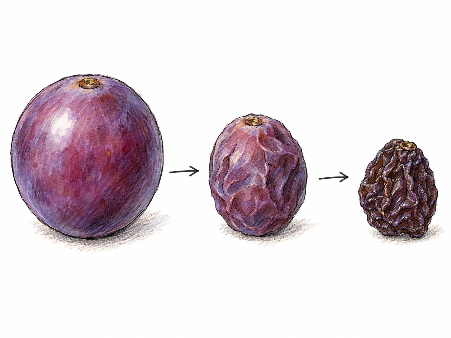 A simple left-to-right three-stage sequence shows a plump purple grape becoming progressively smaller, drier, and deeply wrinkled until it is a raisin.