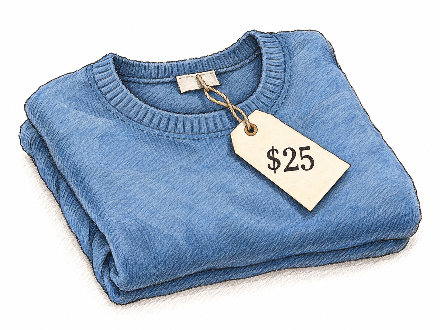 A small paper price tag tied to a plain folded sweater, with its punched hole, string attachment, and brief price clearly visible.