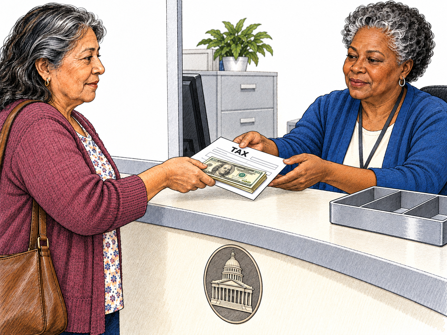 At a government payment counter, a taxpayer hands payment and a minimally marked tax form to a clerk, making the collection process concrete.
