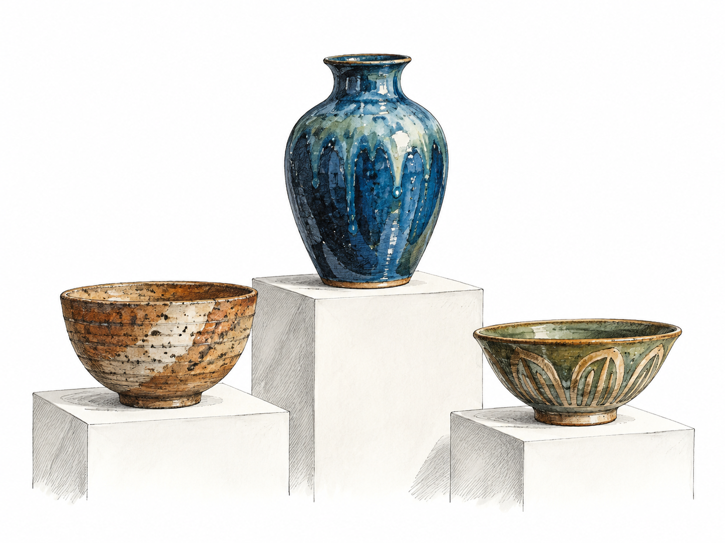 A small gallery display presents three handmade ceramic vessels at their best on staggered plain white plinths under modest directional spotlights.