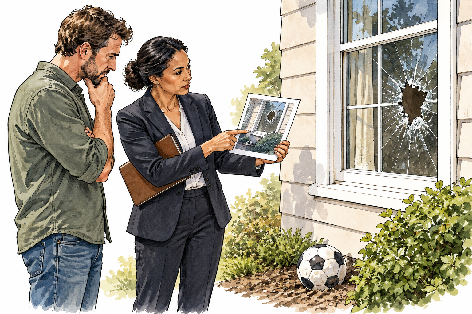 A person and lawyer examine a photo of a neighbor's ball-broken window alongside the actual damaged window, civil wrongful-act context.