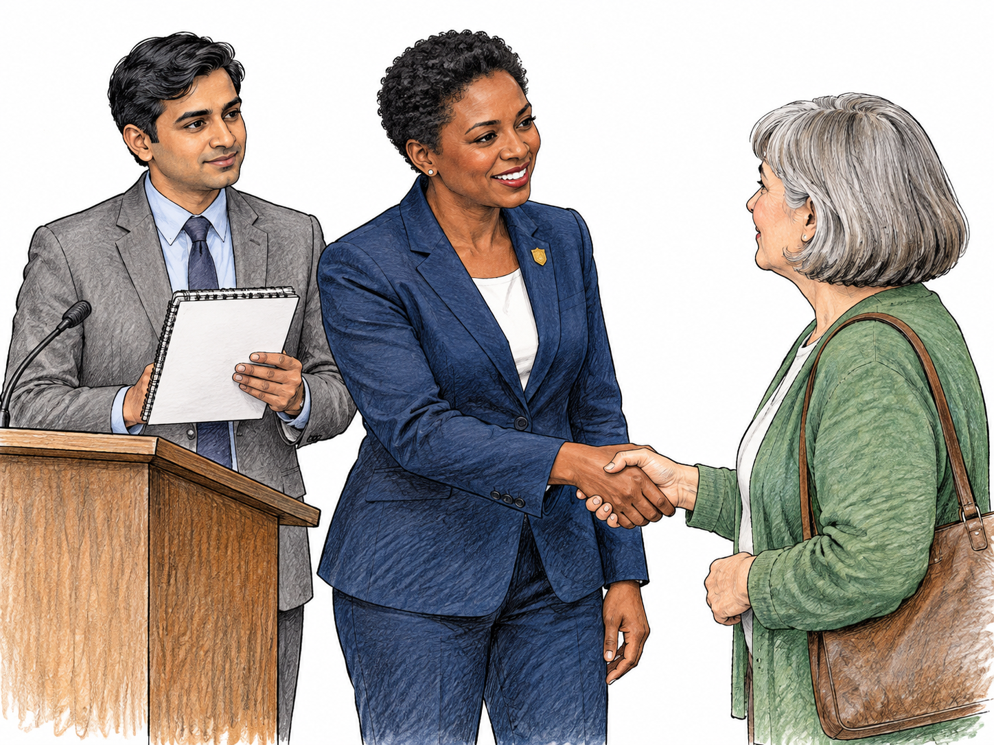 Politician actively works with aide holding blank schedule while listening to voter and greeting her with handshake, small lectern nearby indicates civic public role, unmarked badge-shaped pin only.
