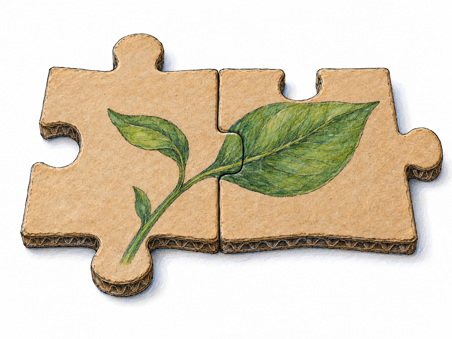 Two interlocking jigsaw pieces fit together perfectly, with a continuous leaf-and-stem image aligning across their shared seam.