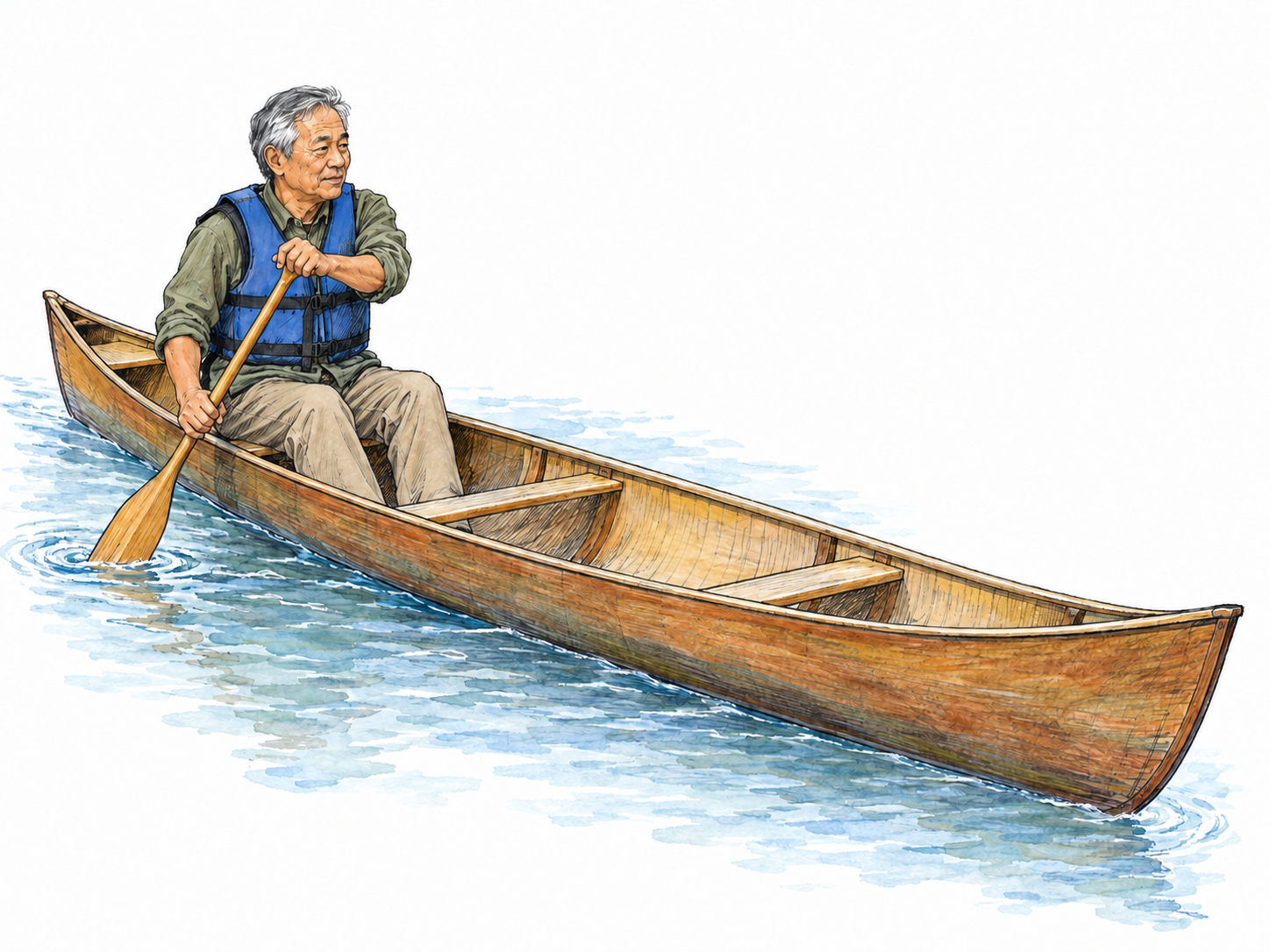 A single paddler propels a slim, open canoe with a handheld single-bladed paddle.