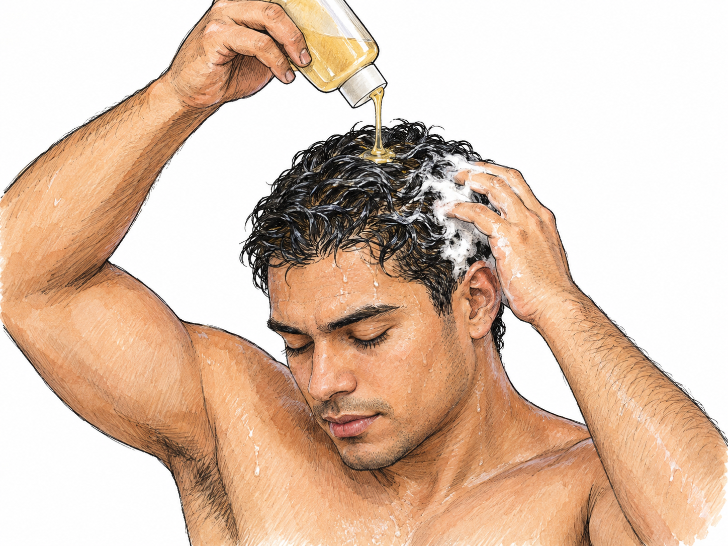 An unlabeled squeeze bottle dispenses a visible ribbon of liquid soap directly onto a young man's wet hair, with a small patch of lather already being worked into the hair.