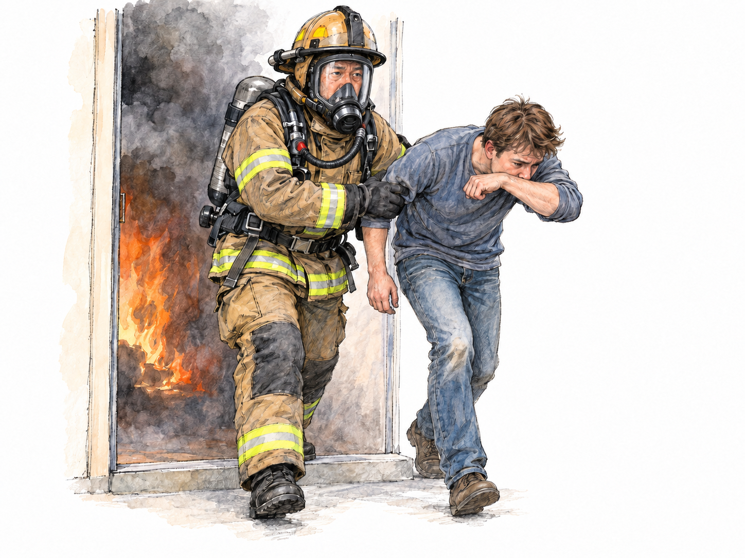 An older firefighter braces at a smoke-filled doorway, shielding and guiding a younger man away from visible flames—a concrete act of courage in immediate danger.