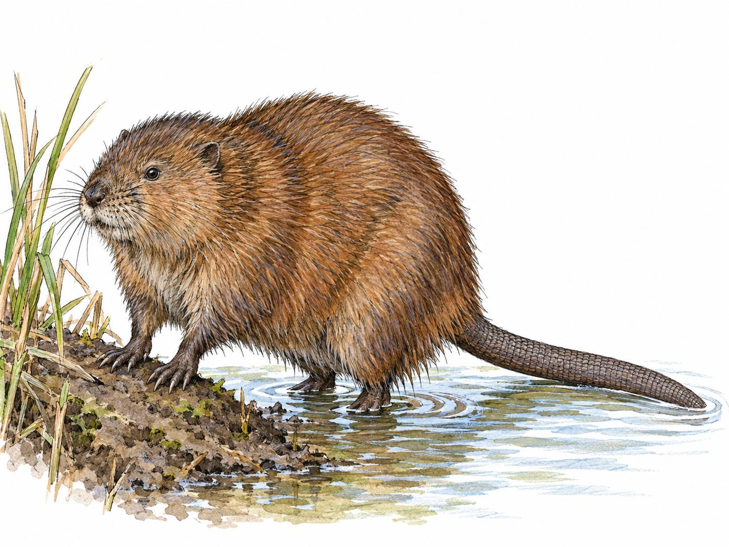 A single muskrat at the edge of a freshwater marsh, with its compact brown body, small rounded ears, blunt muzzle and long, scaly, laterally flattened tail clearly visible.