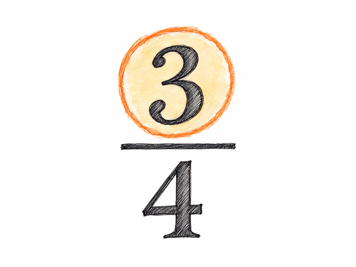 A large handwritten fraction 3/4, with a restrained colored-pencil oval around only the upper number 3, isolates the numerator without explanatory wording.