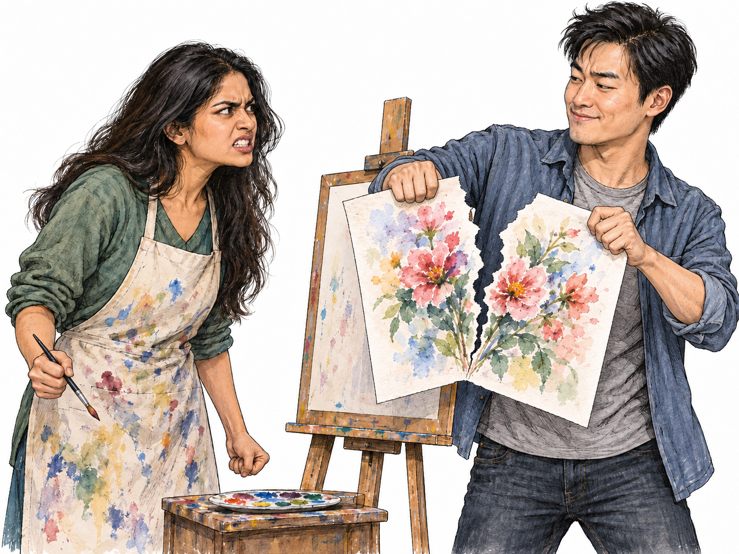 A man deliberately tears a woman's painting in front of her, visibly provoking extreme anger.