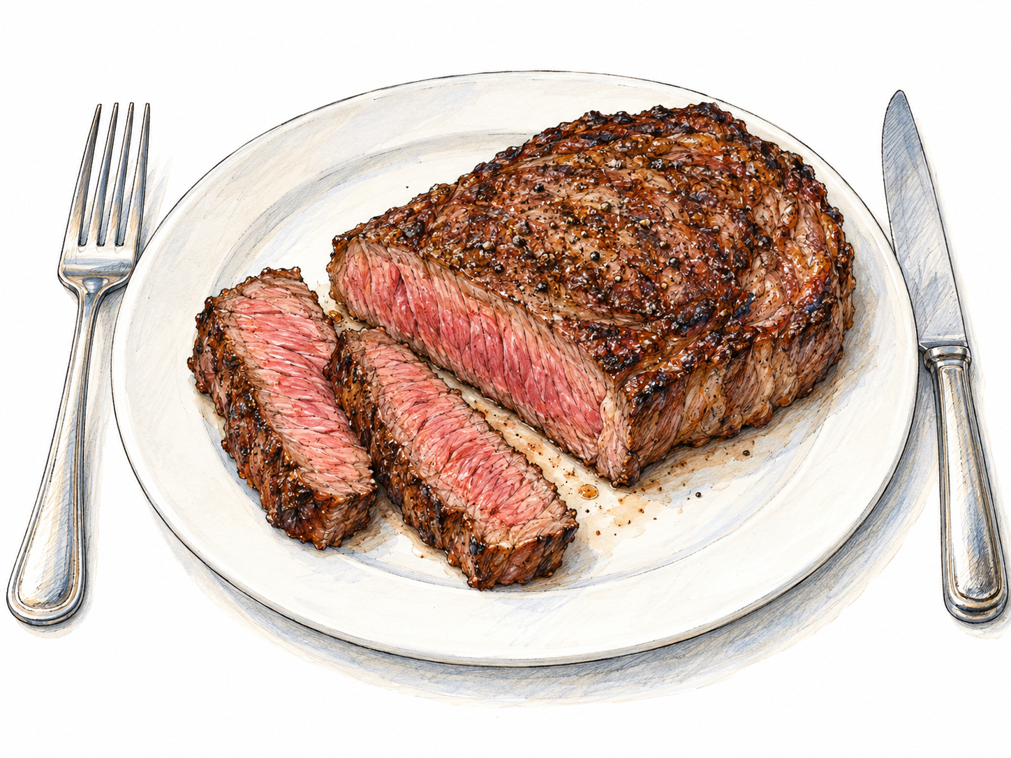 A cooked steak on a plain plate, with two slices cut away to expose its pink, fibrous interior, clearly presenting animal flesh as food.