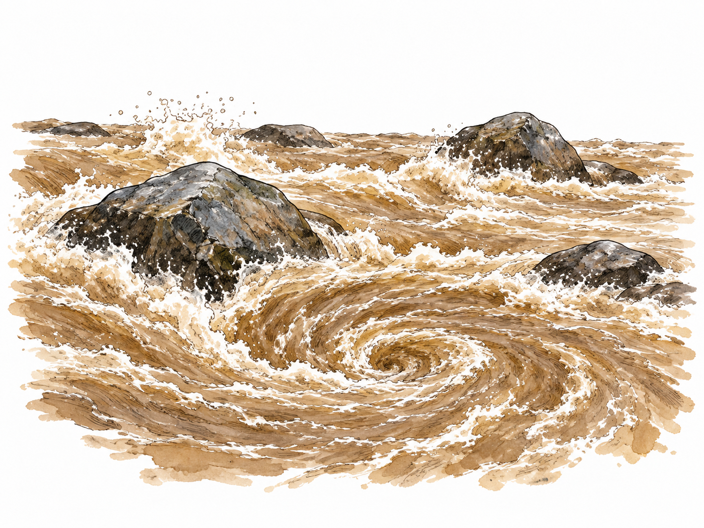 A turbulent river churns muddy water around stones after a storm, swirling eddies visibly disturb the surface, no people or labels.