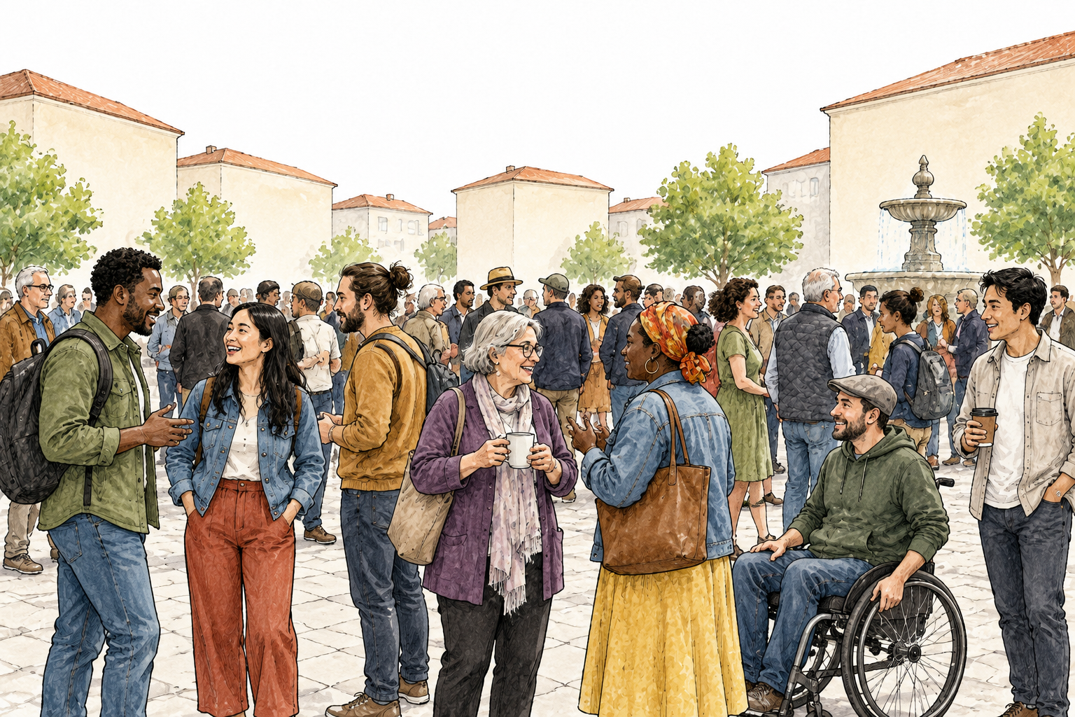 A broad diverse crowd of ordinary adults in everyday clothes gathering in a public square, varied individuals, blank buildings and no banners.