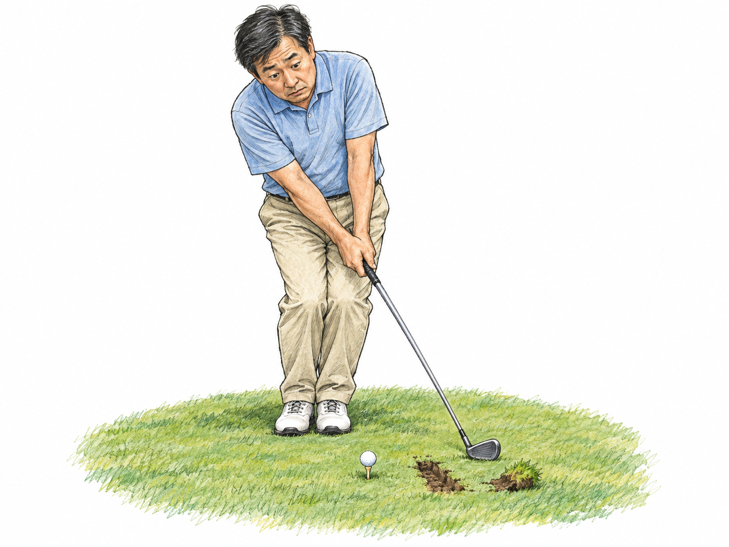 An awkward amateur golfer finishes a badly misjudged swing: the ball remains on its tee while his club has gouged the turf beside it.