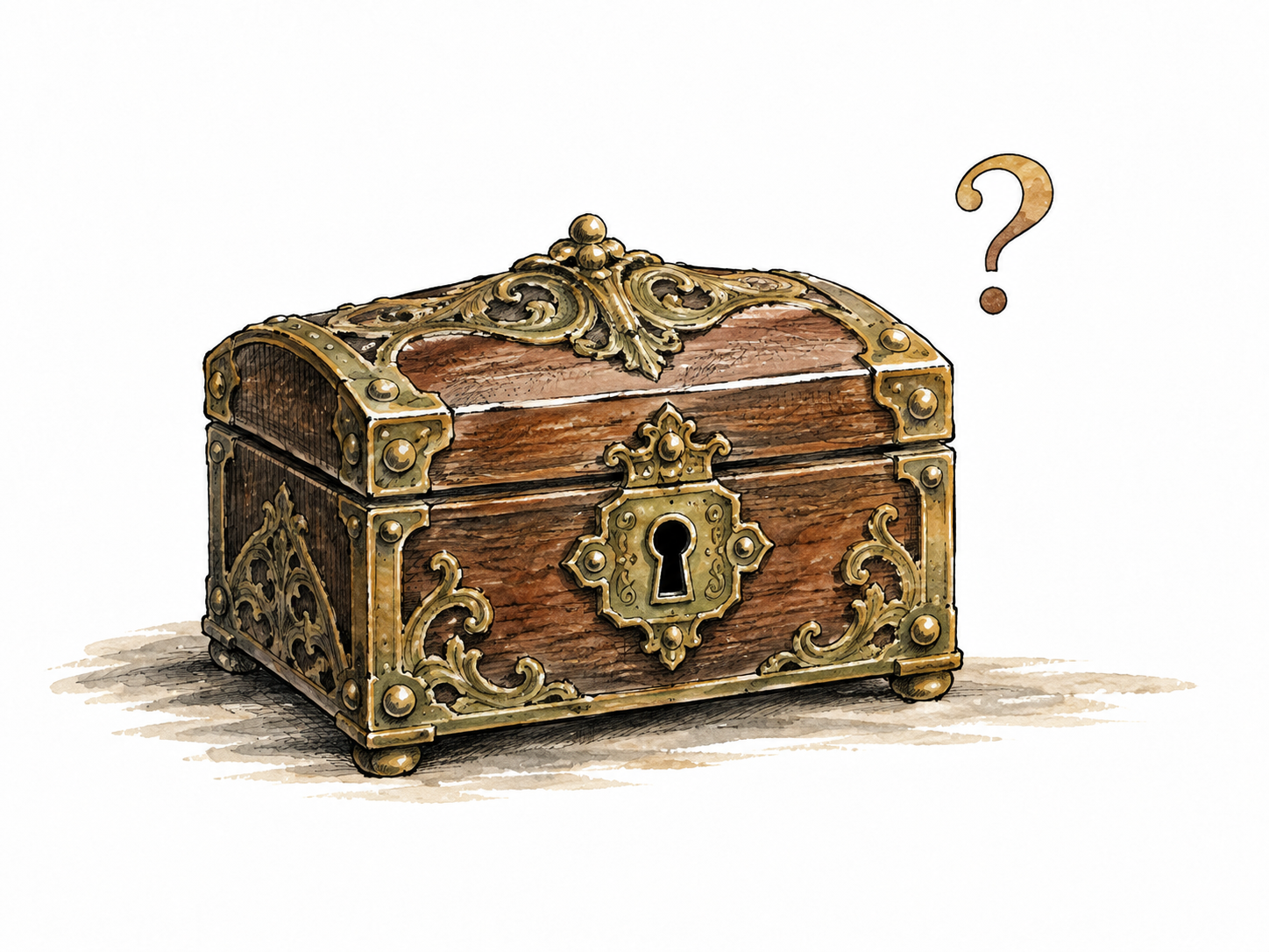 A locked ornate box with an unknown object suggested inside, a single small question mark nearby.