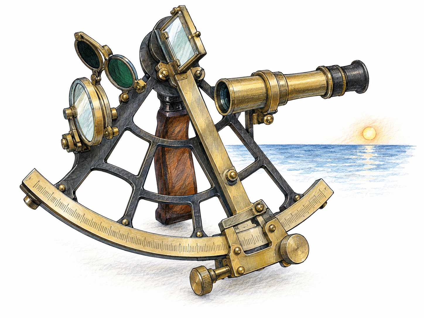 A clearly recognizable marine sextant shown large in three-quarter view, with a minimal sea horizon and sun behind it to establish celestial navigation.