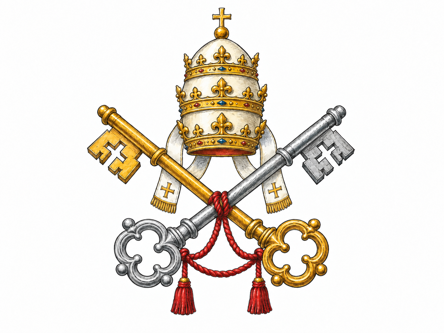 A papal tiara with three stacked crowns above crossed gold and silver keys: a compact, recognizable emblem of the Roman Catholic papacy.