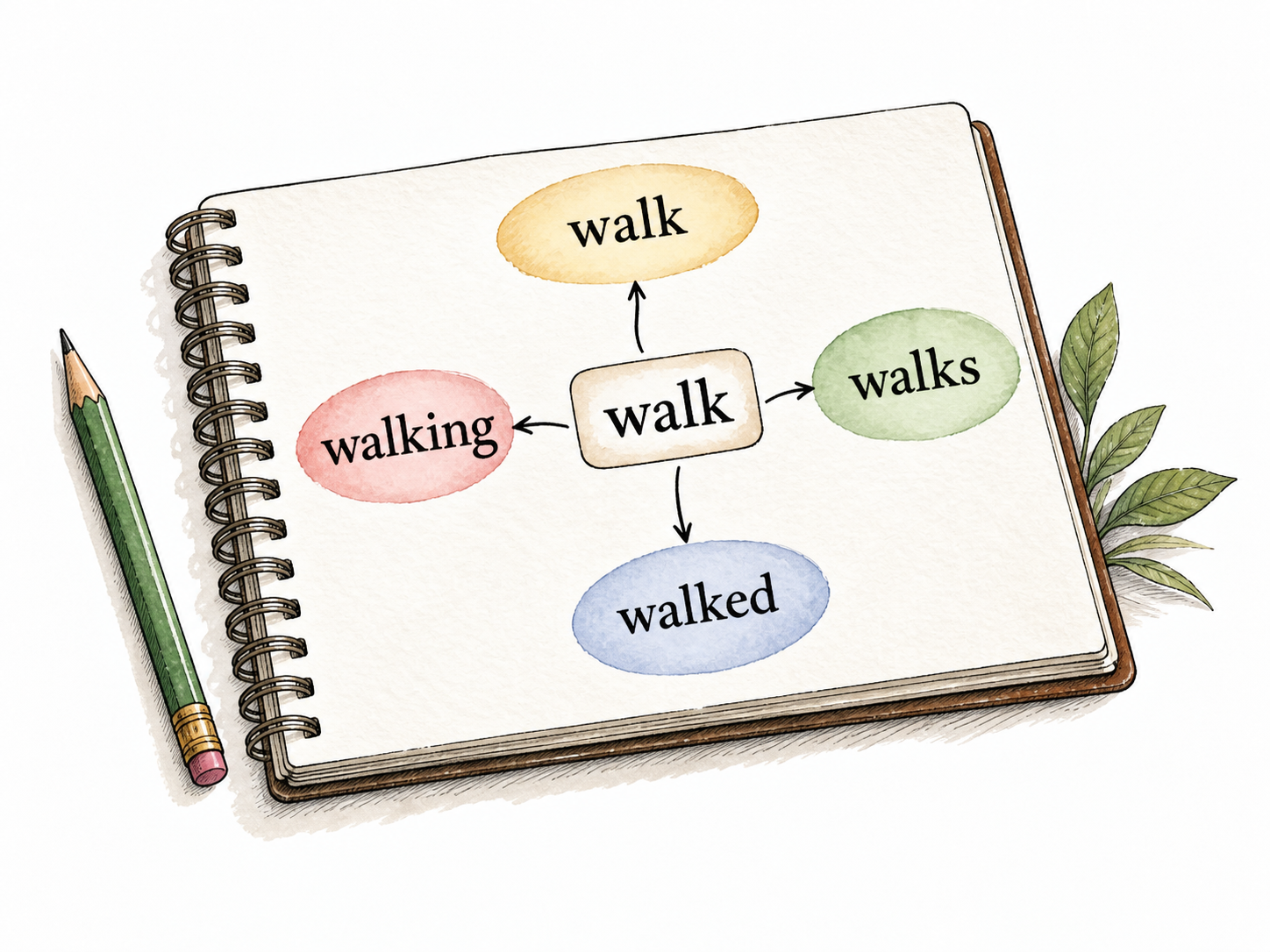 A simple grammar notebook displays exactly walk, walks, walked, walking connected to the central verb walk.