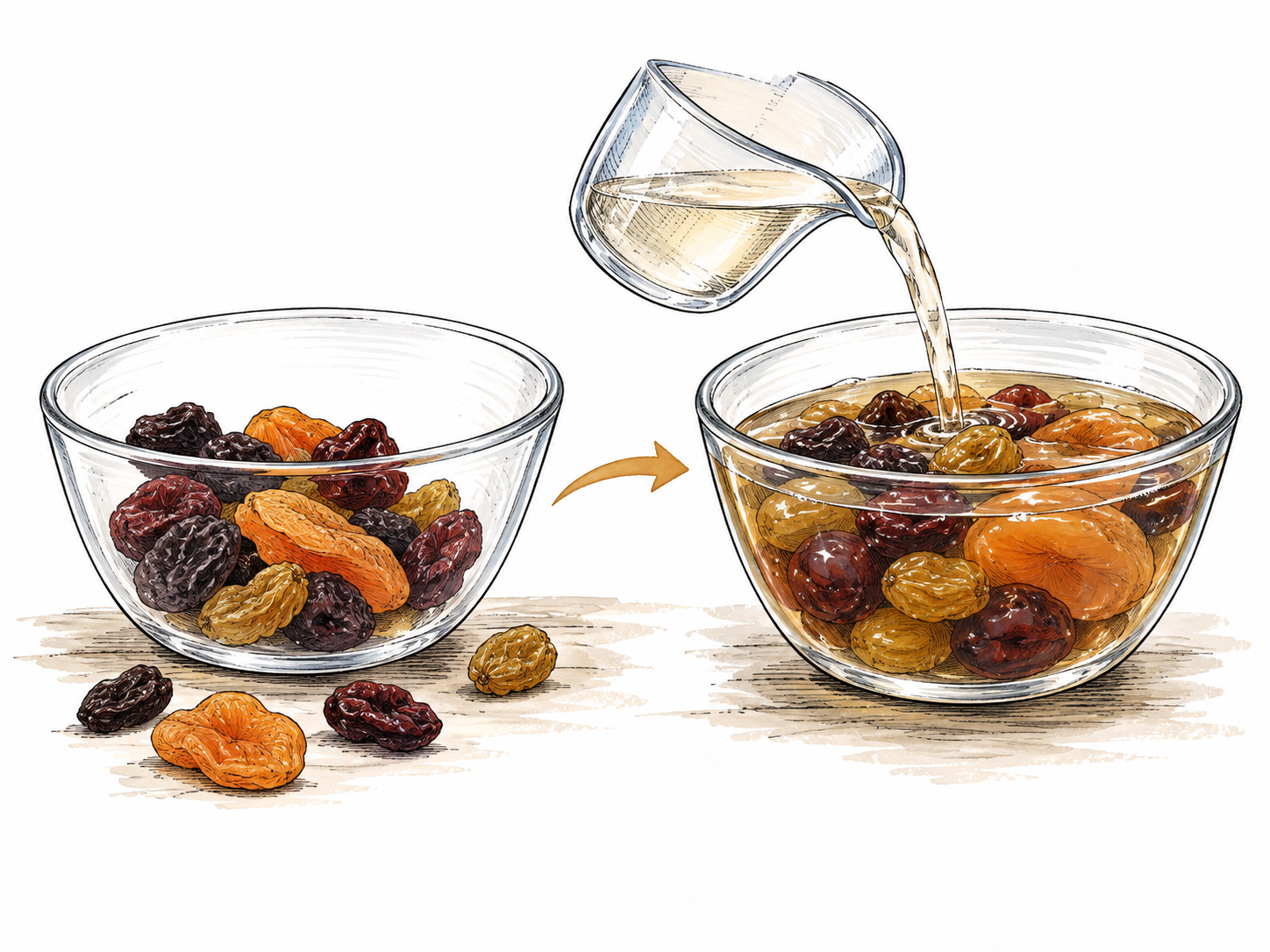 Before and after dried fruit becomes plump soft after soaking in liquid.