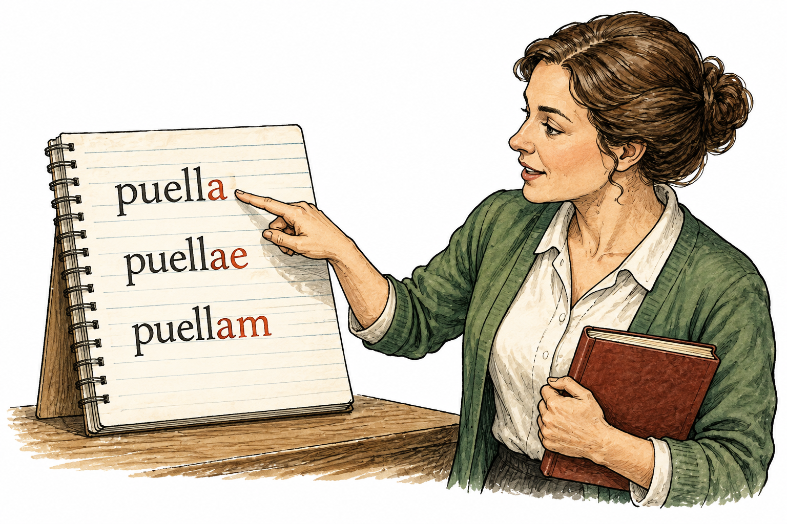 A grammar notebook shows exact three Latin noun forms 'puella' 'puellae' 'puellam' in three tidy rows, teacher points to endings.