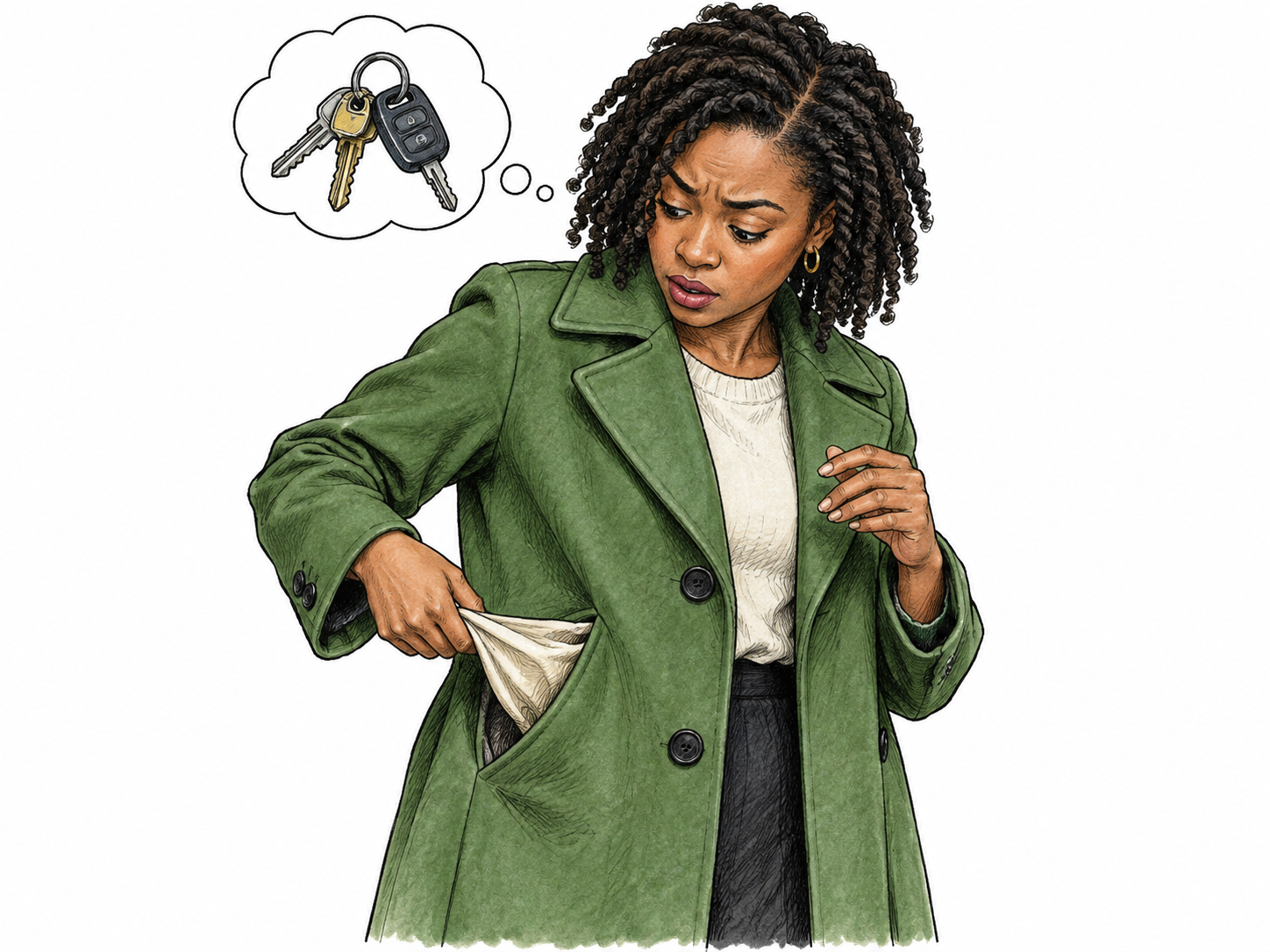 Woman reaches into coat pocket expecting keys shown in tiny thought bubble, but turned-out pocket visibly empty; assumption precedes action, thoughtful surprised expression, no words.