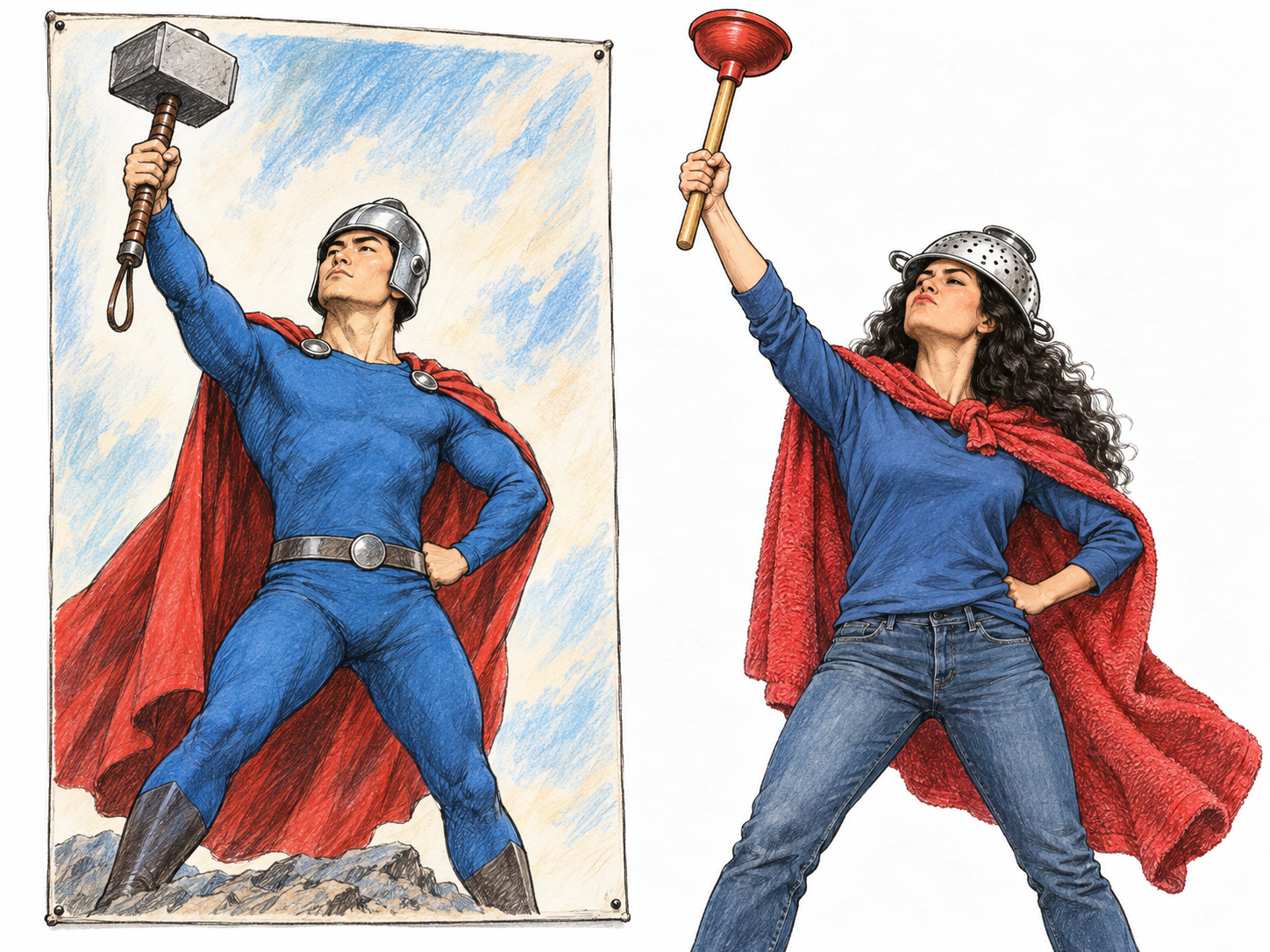 A comic performer spoofs a solemn superhero poster by copying its heroic pose with absurd household substitutes: a towel cape, colander helmet, and plunger instead of a mighty hammer.