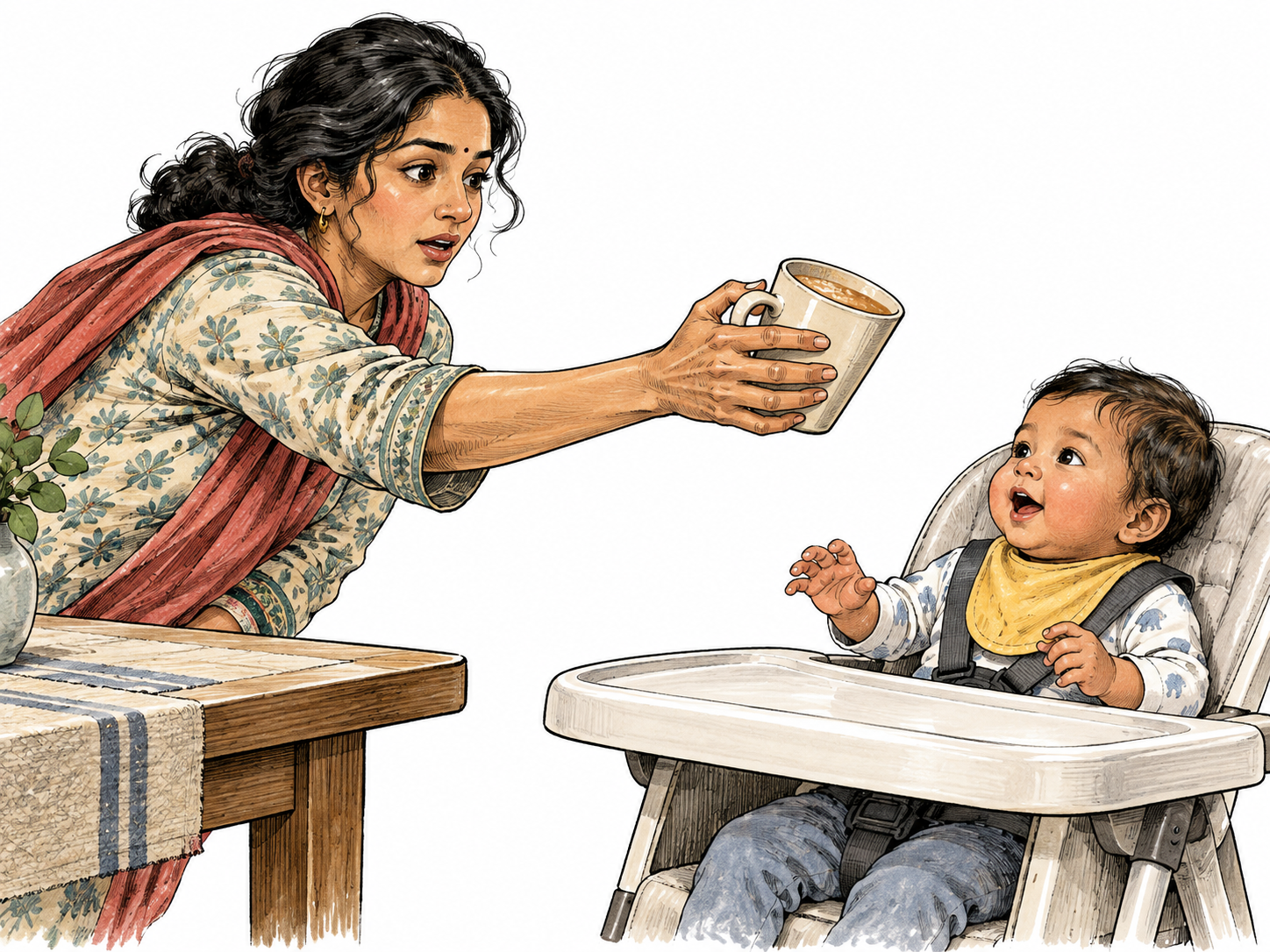 An adult South Asian woman swiftly catches a tipping hot drink before it can spill onto a baby's securely placed highchair tray.