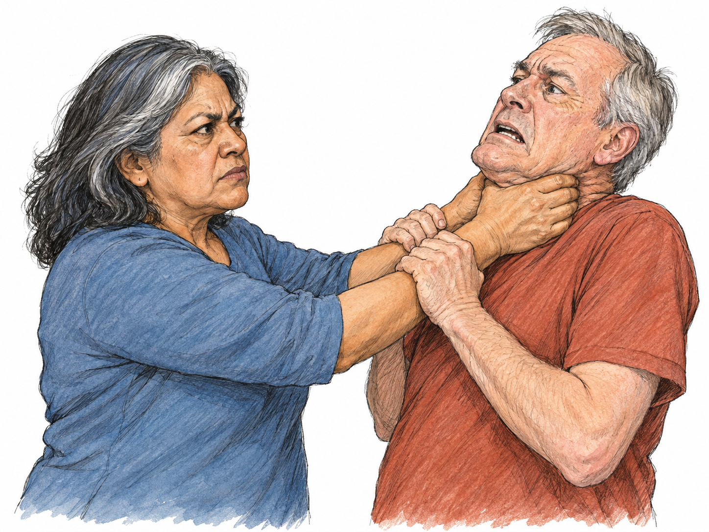 A non-graphic close view of one adult squeezing another adult's throat with both hands, while the distressed victim grasps the attacker's wrists.