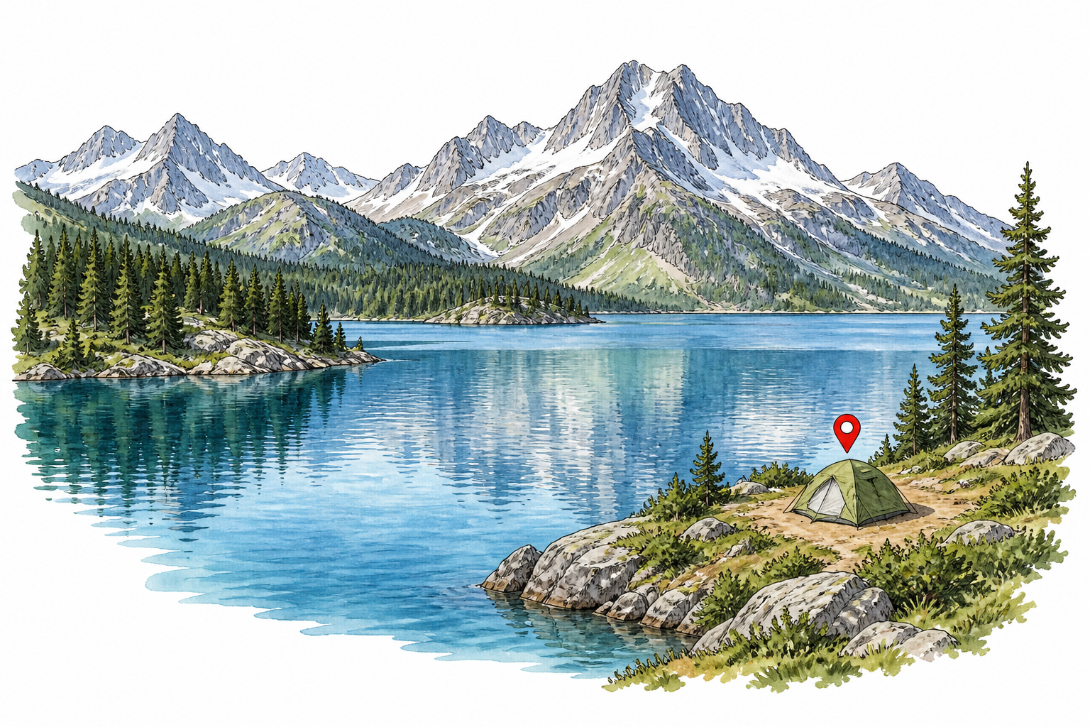 A particular campsite beside lake marked by one small tent and location pin, distinct location in wider landscape.