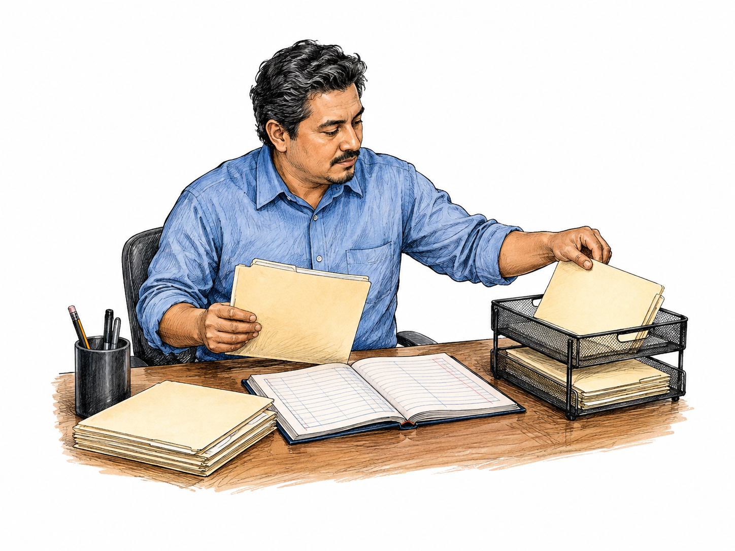 An office clerk sorts plain blank file folders into a small desktop tray while checking a ledger with only faint ruled lines, no writing or digits.