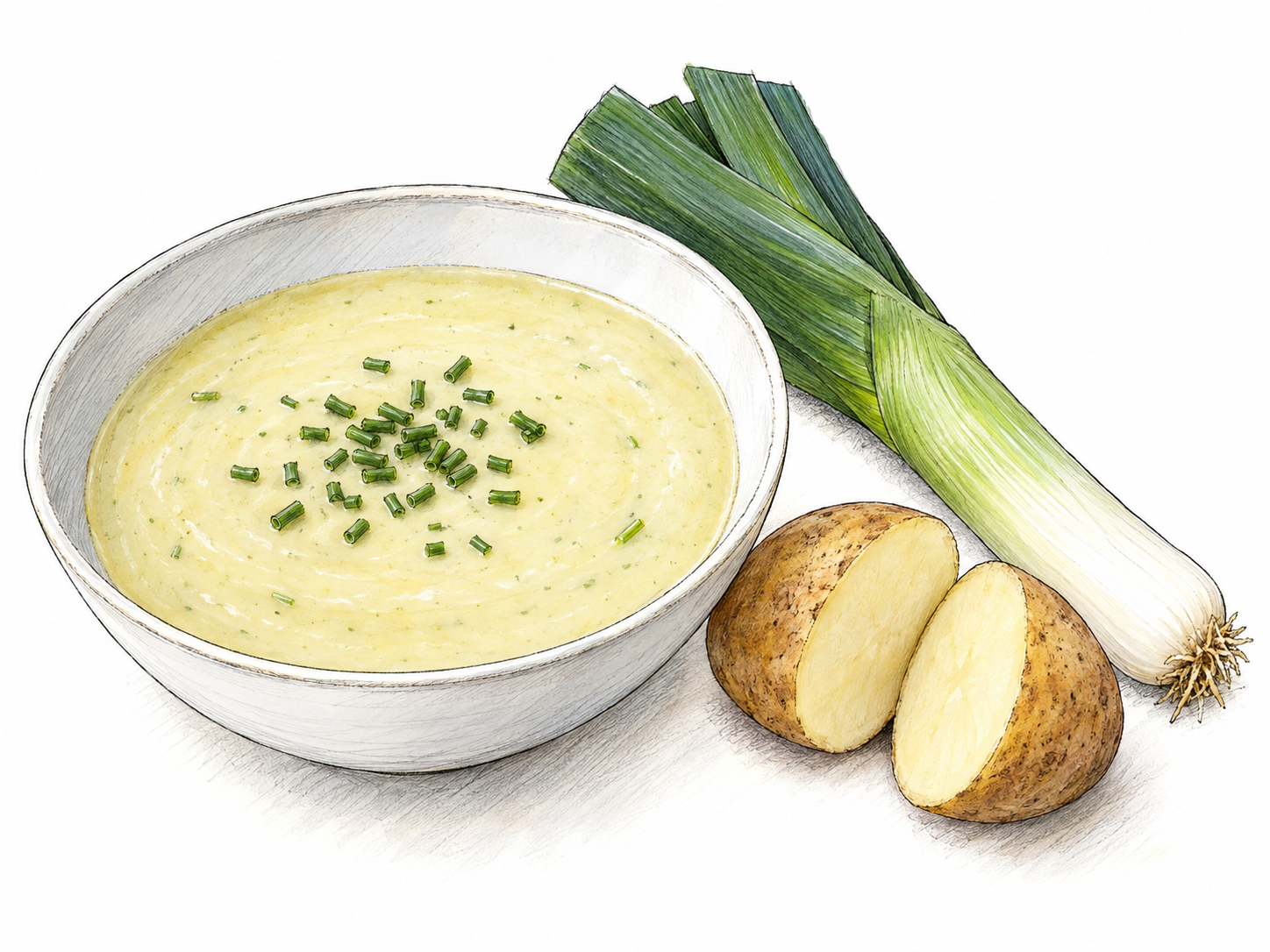 A shallow bowl of smooth, pale creamy soup garnished with finely snipped chives, accompanied by a cut potato and a trimmed leek that visibly identify its principal ingredients.